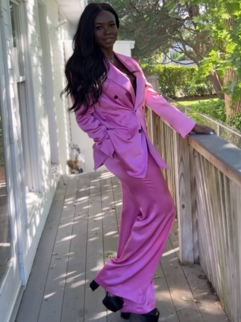 Tom Ford Satin Wide-Leg Jumpsuit with Double-Breasted Blazer - Bright Pink